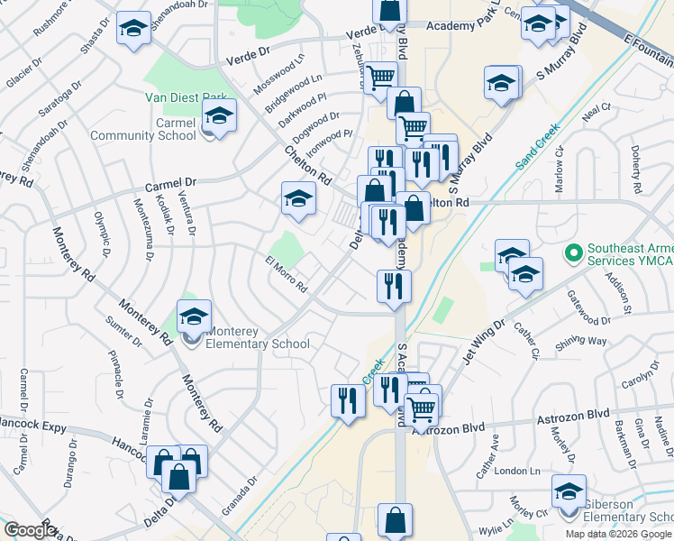 map of restaurants, bars, coffee shops, grocery stores, and more near 2137 Delta Drive in Colorado Springs