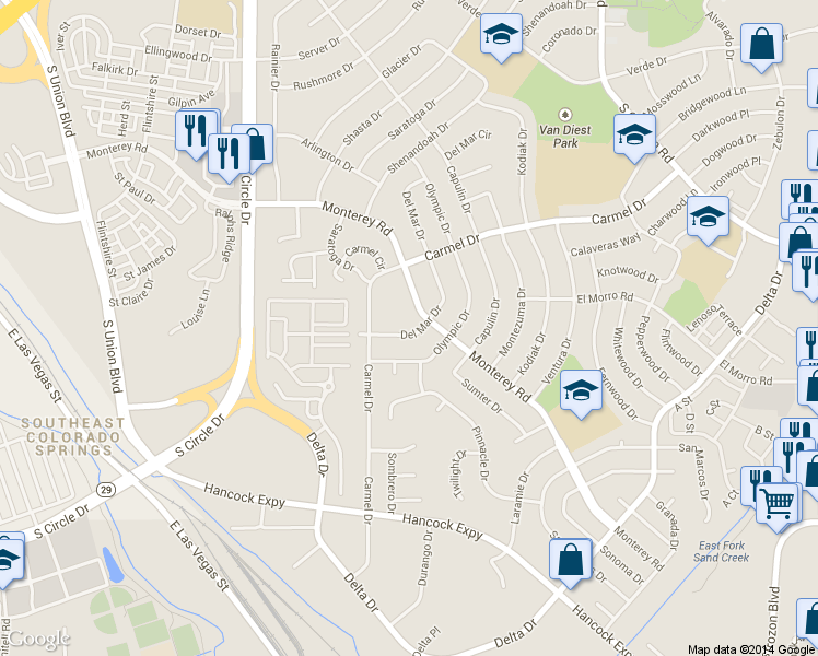 map of restaurants, bars, coffee shops, grocery stores, and more near 2027 Del Mar Drive in Colorado Springs
