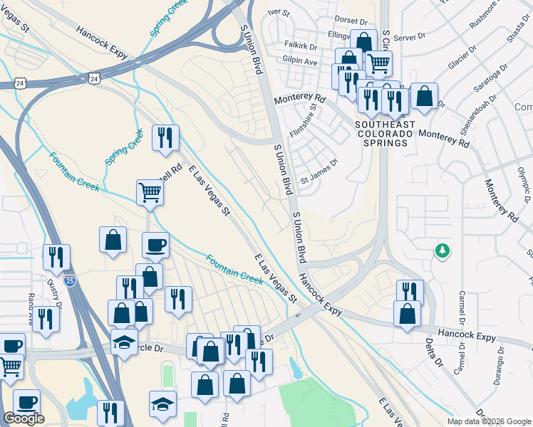 map of restaurants, bars, coffee shops, grocery stores, and more near 1978 Birmingham Loop in Colorado Springs