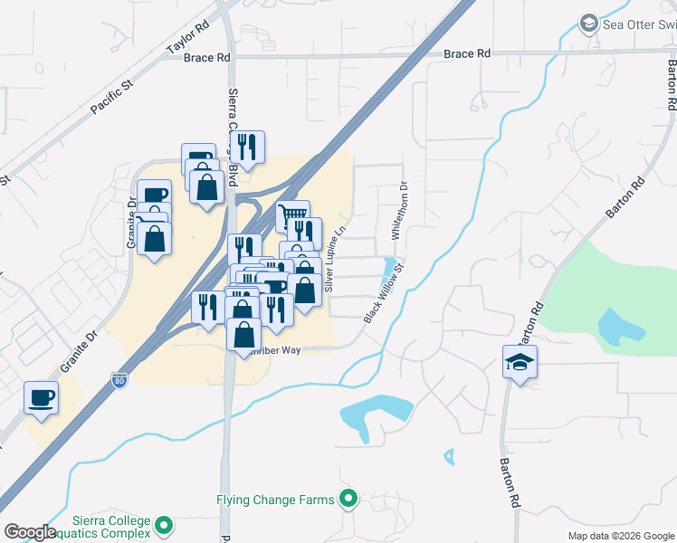 map of restaurants, bars, coffee shops, grocery stores, and more near 5706 Desert Mallow Street in Rocklin