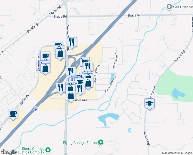 map of restaurants, bars, coffee shops, grocery stores, and more near 5706 Desert Mallow Street in Rocklin