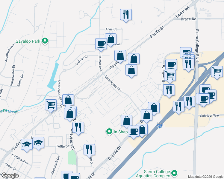 map of restaurants, bars, coffee shops, grocery stores, and more near 3609 Silver Pine Lane in Roseville