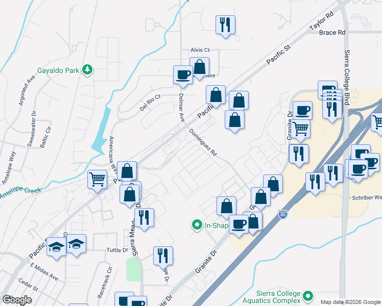 map of restaurants, bars, coffee shops, grocery stores, and more near 3609 Silver Pine Lane in Roseville