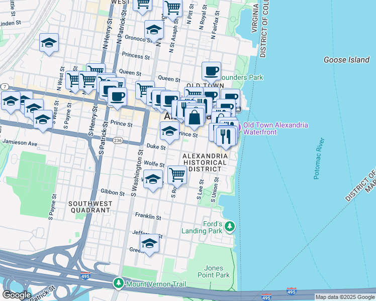 map of restaurants, bars, coffee shops, grocery stores, and more near 311 Duke Street in Alexandria