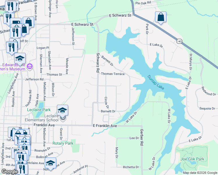 map of restaurants, bars, coffee shops, grocery stores, and more near 210 Circle Drive in Edwardsville