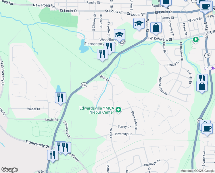 map of restaurants, bars, coffee shops, grocery stores, and more near 806 Lancashire Drive in Edwardsville