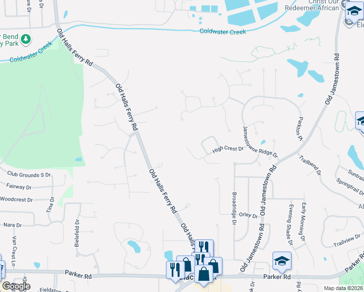 map of restaurants, bars, coffee shops, grocery stores, and more near 12812 High Crest Drive in Black Jack
