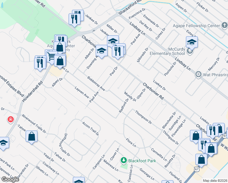 map of restaurants, bars, coffee shops, grocery stores, and more near 1580 Bobbinray Avenue in Florissant