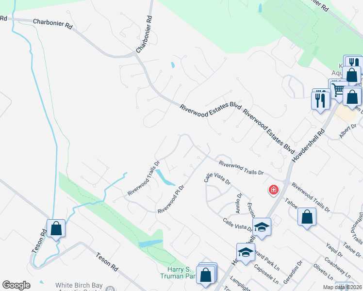 map of restaurants, bars, coffee shops, grocery stores, and more near 2299 Riverwood Trails Drive in Florissant