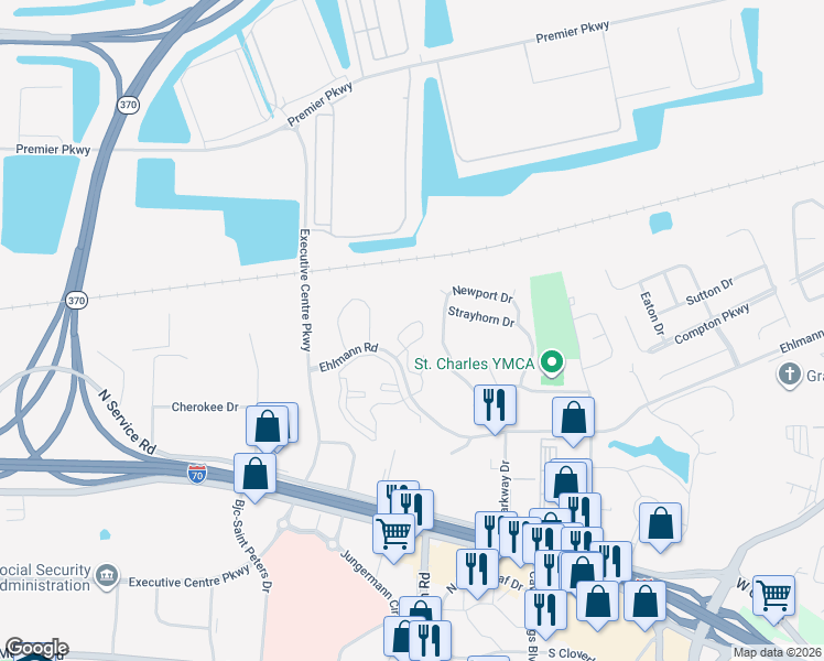 map of restaurants, bars, coffee shops, grocery stores, and more near 419 Newport Drive in St. Peters