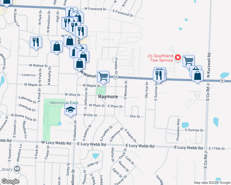 map of restaurants, bars, coffee shops, grocery stores, and more near in Raymore