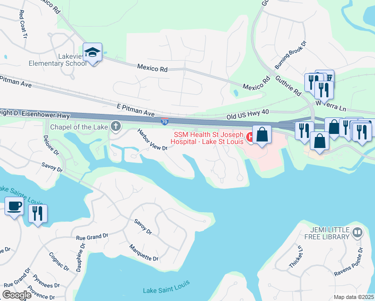 map of restaurants, bars, coffee shops, grocery stores, and more near 64 Breezy Knoll Lane in Lake Saint Louis