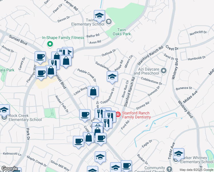 map of restaurants, bars, coffee shops, grocery stores, and more near 5740 Cobblestone Drive in Rocklin