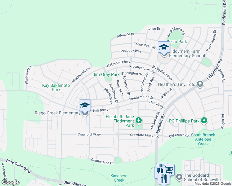 map of restaurants, bars, coffee shops, grocery stores, and more near 6192 Mystic Way in Roseville