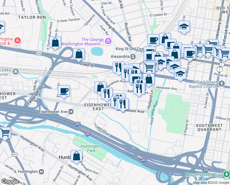 map of restaurants, bars, coffee shops, grocery stores, and more near 2050 Ballenger Avenue in Alexandria