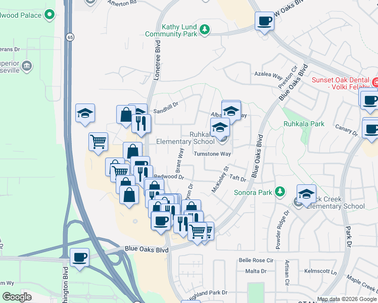 map of restaurants, bars, coffee shops, grocery stores, and more near 6547 Turnstone Way in Rocklin