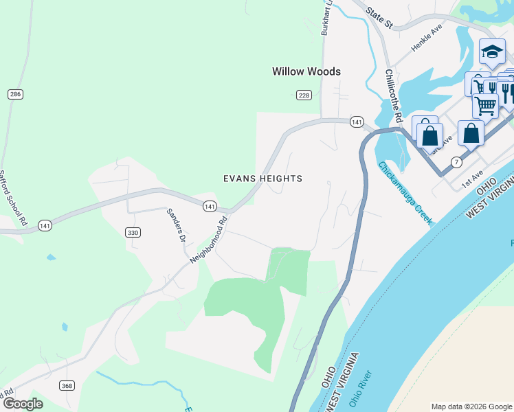 map of restaurants, bars, coffee shops, grocery stores, and more near 142 Portsmouth Road in Gallipolis