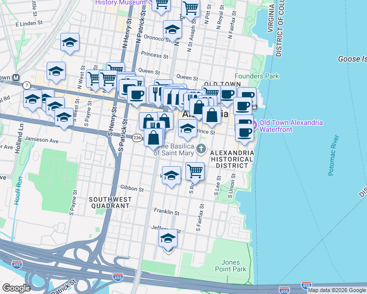 map of restaurants, bars, coffee shops, grocery stores, and more near 500 Duke Street in Alexandria