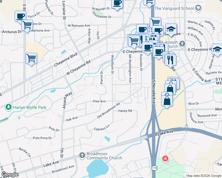 map of restaurants, bars, coffee shops, grocery stores, and more near 15 Newport Circle in Colorado Springs