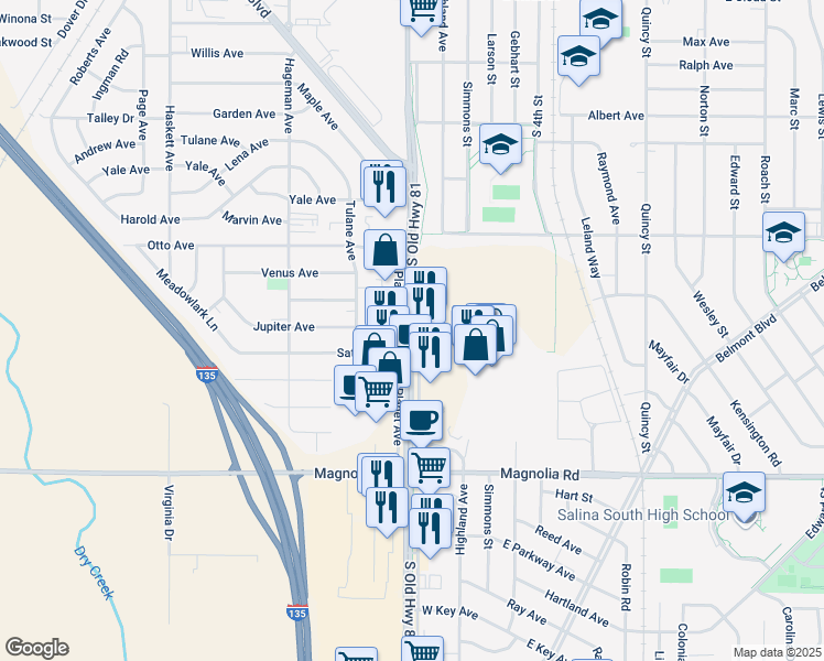 map of restaurants, bars, coffee shops, grocery stores, and more near 2259 South 9th Street in Salina