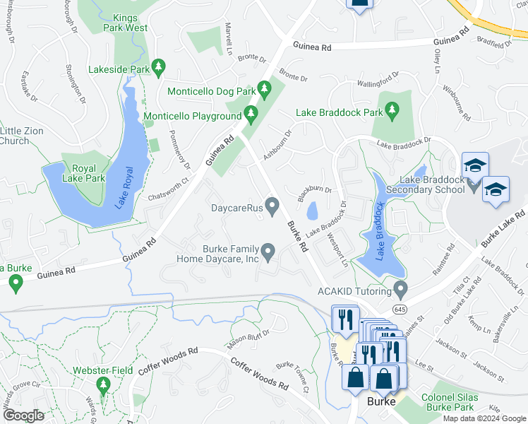 map of restaurants, bars, coffee shops, grocery stores, and more near 5541 Peppercorn Drive in Burke