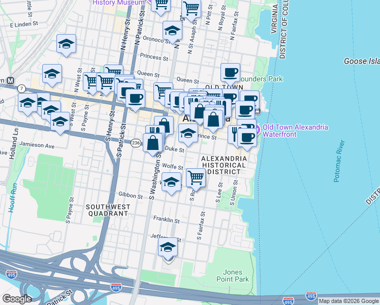 map of restaurants, bars, coffee shops, grocery stores, and more near 414 Duke Street in Alexandria