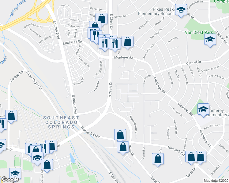 map of restaurants, bars, coffee shops, grocery stores, and more near 2096 Babbling Stream Heights in Colorado Springs