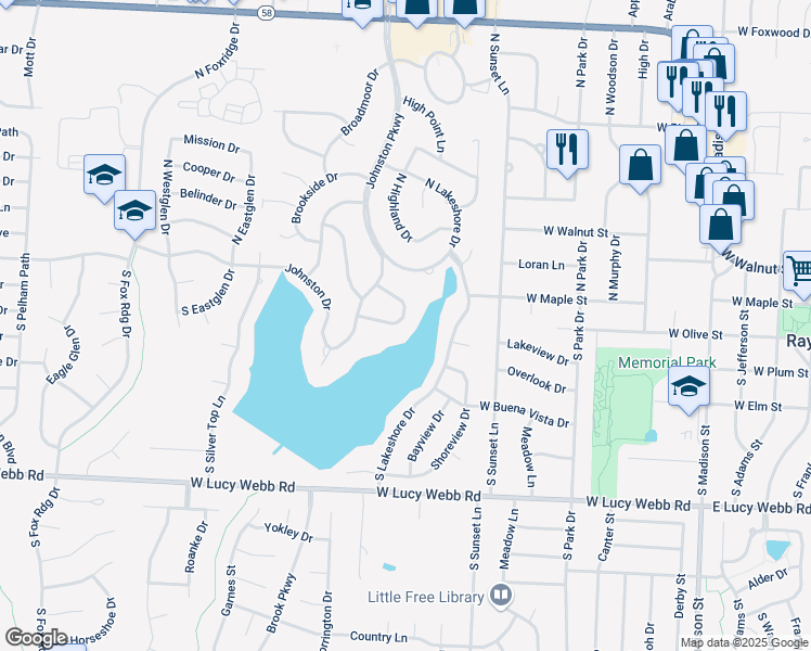 map of restaurants, bars, coffee shops, grocery stores, and more near 208 South Lakeshore Drive in Raymore