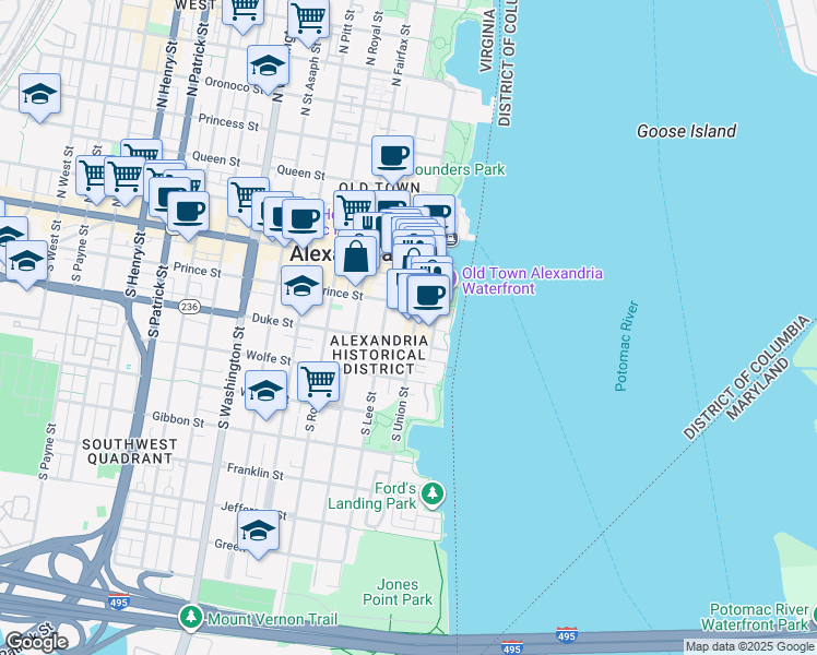 map of restaurants, bars, coffee shops, grocery stores, and more near 217 South Union Street in Alexandria