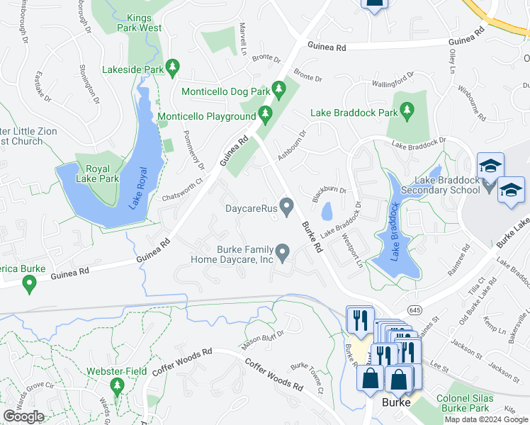 map of restaurants, bars, coffee shops, grocery stores, and more near 5530 Peppercorn Drive in Burke
