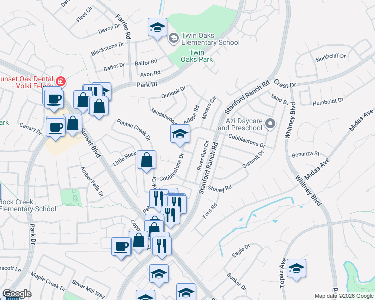 map of restaurants, bars, coffee shops, grocery stores, and more near 5770 River Run Circle in Rocklin