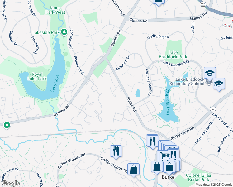 map of restaurants, bars, coffee shops, grocery stores, and more near 5541 Peppercorn Drive in Burke