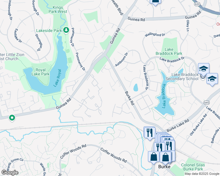 map of restaurants, bars, coffee shops, grocery stores, and more near 5530 Peppercorn Drive in Burke