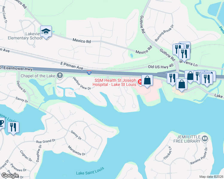map of restaurants, bars, coffee shops, grocery stores, and more near 61 Schooner Lane in Lake Saint Louis