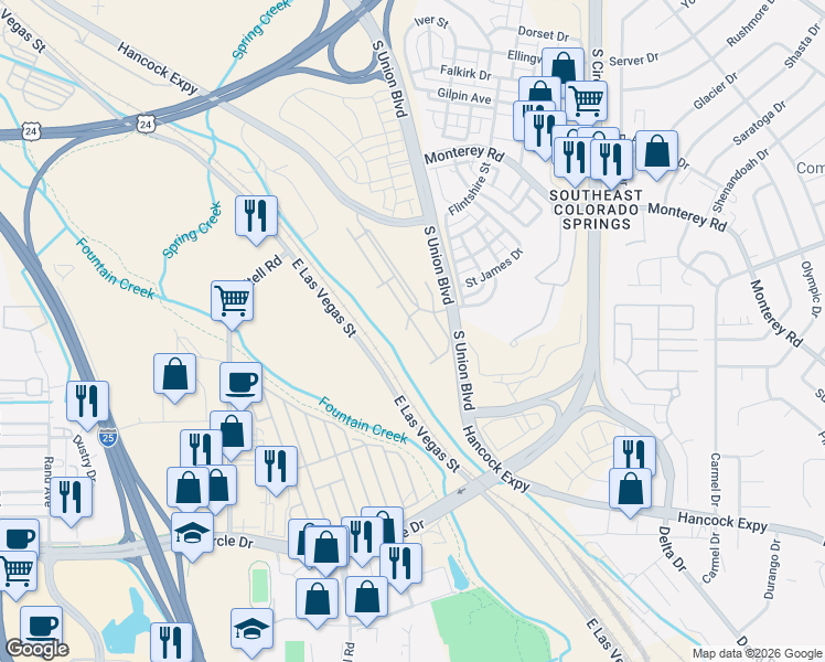 map of restaurants, bars, coffee shops, grocery stores, and more near 1978 Birmingham Loop in Colorado Springs