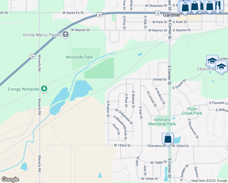map of restaurants, bars, coffee shops, grocery stores, and more near 535 South Poplar Street in Gardner
