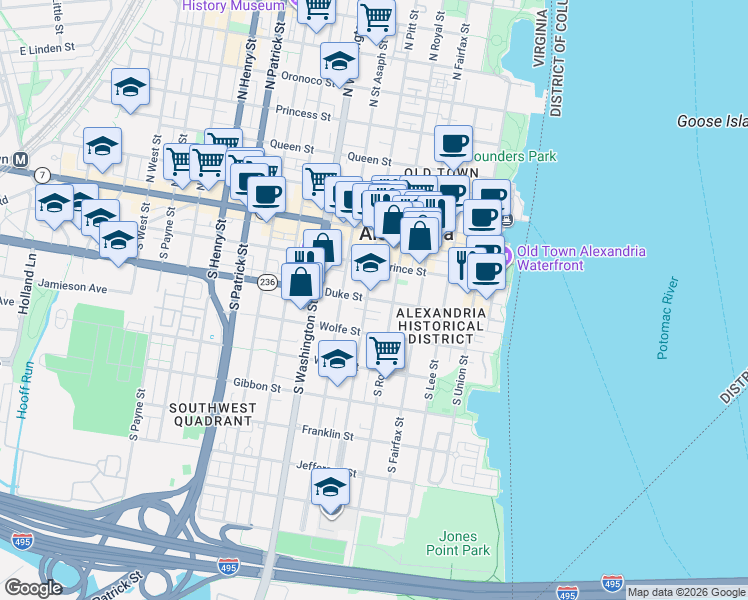 map of restaurants, bars, coffee shops, grocery stores, and more near 414 Duke Street in Alexandria