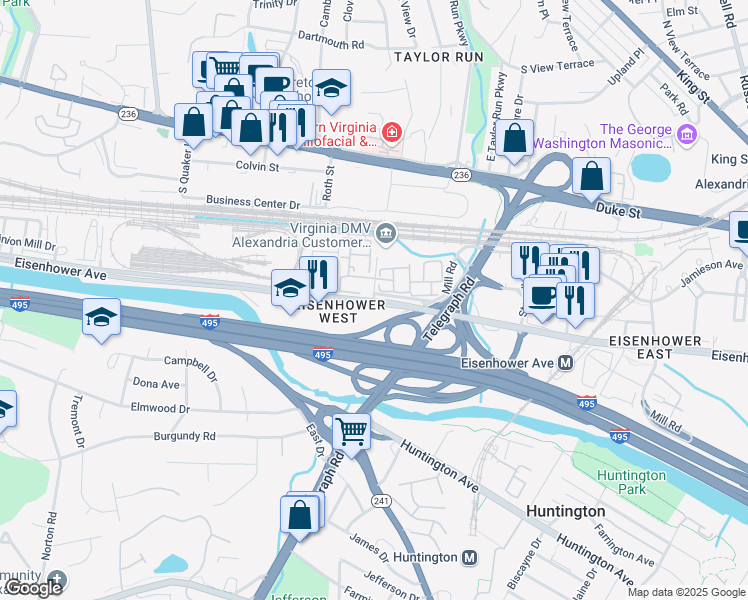 map of restaurants, bars, coffee shops, grocery stores, and more near 2701 Eisenhower Avenue in Alexandria