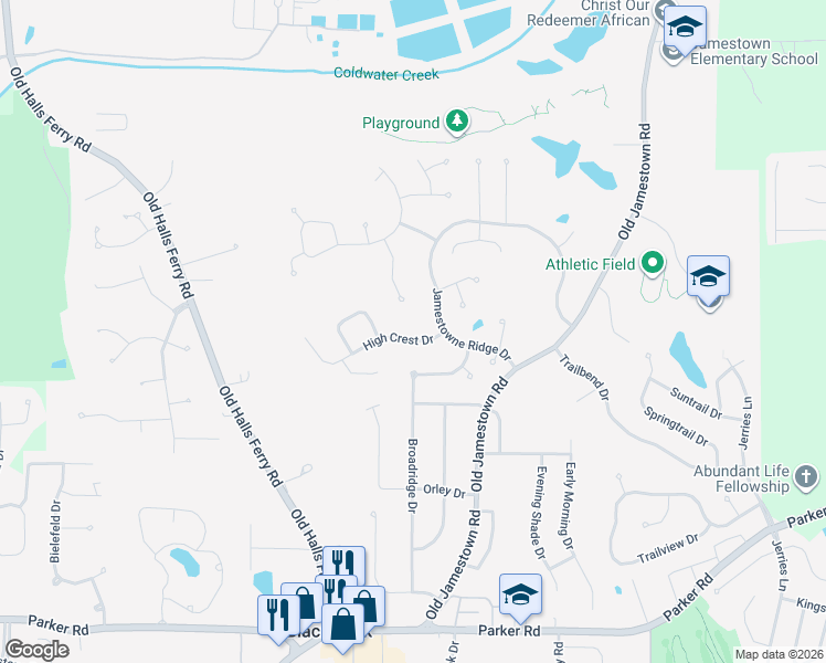 map of restaurants, bars, coffee shops, grocery stores, and more near 12930 High Crest Drive in Florissant