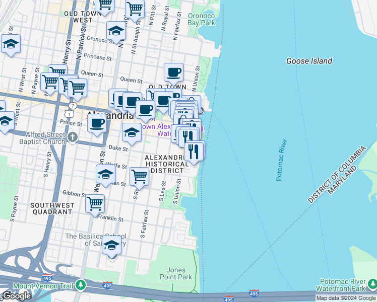 map of restaurants, bars, coffee shops, grocery stores, and more near 225 Strand Street in Alexandria
