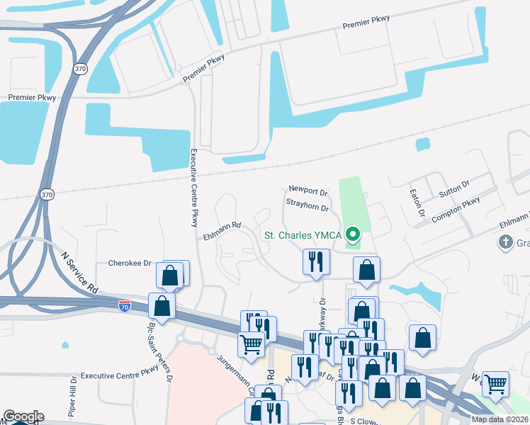 map of restaurants, bars, coffee shops, grocery stores, and more near 419 Newport Drive in St. Peters