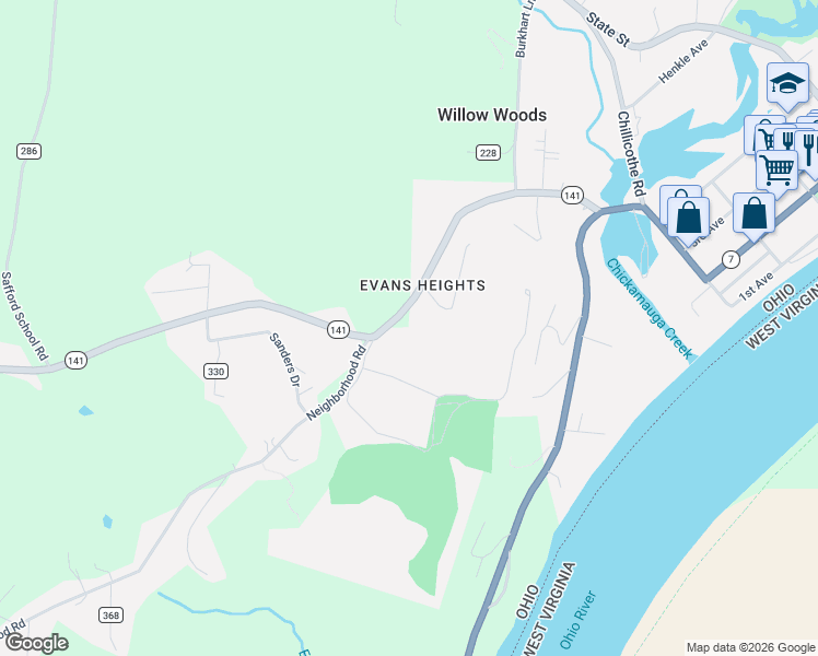 map of restaurants, bars, coffee shops, grocery stores, and more near 142 Portsmouth Road in Gallipolis