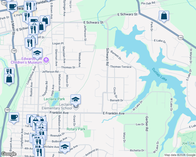 map of restaurants, bars, coffee shops, grocery stores, and more near 220 Burns Farm Boulevard in Edwardsville