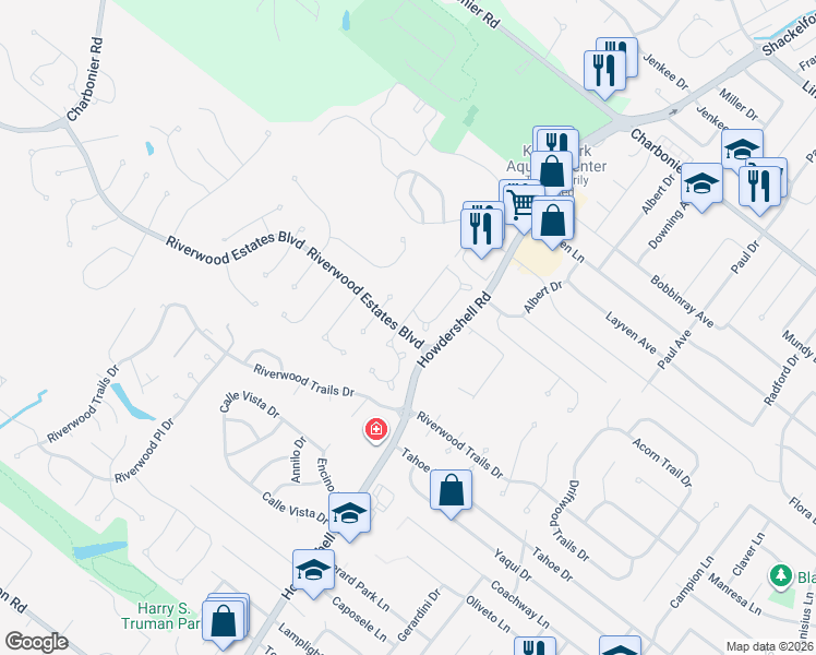 map of restaurants, bars, coffee shops, grocery stores, and more near 118 Riverwood Park Drive in Florissant