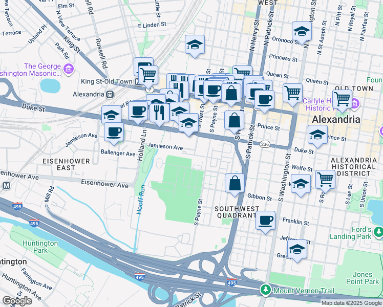 map of restaurants, bars, coffee shops, grocery stores, and more near 1405 Roundhouse Lane in Alexandria