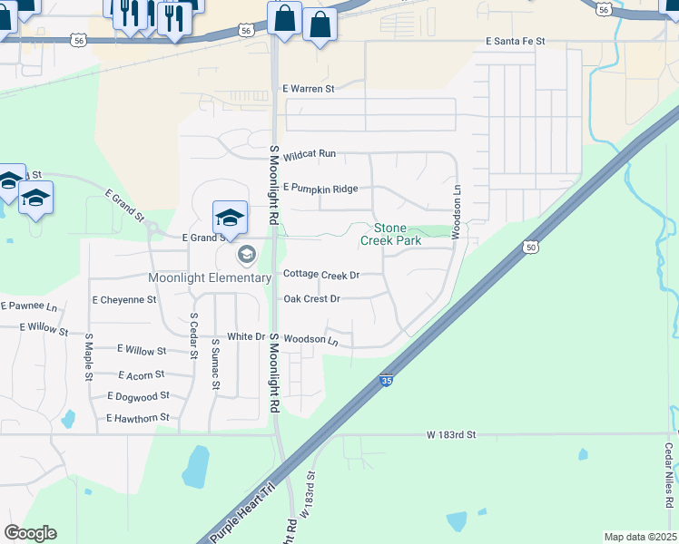 map of restaurants, bars, coffee shops, grocery stores, and more near 944 Cottage Creek Drive in Gardner