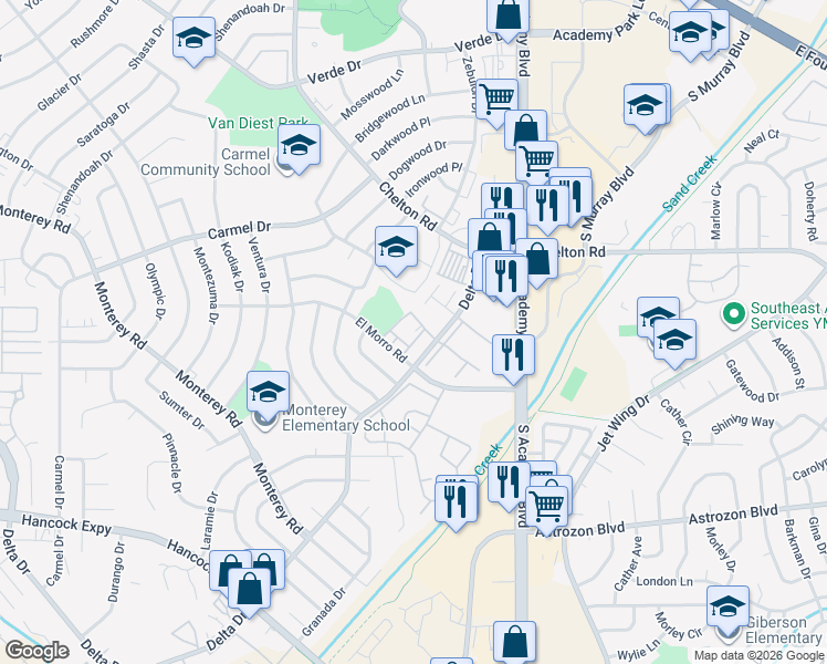 map of restaurants, bars, coffee shops, grocery stores, and more near 3562 Lenoso Terrace in Colorado Springs
