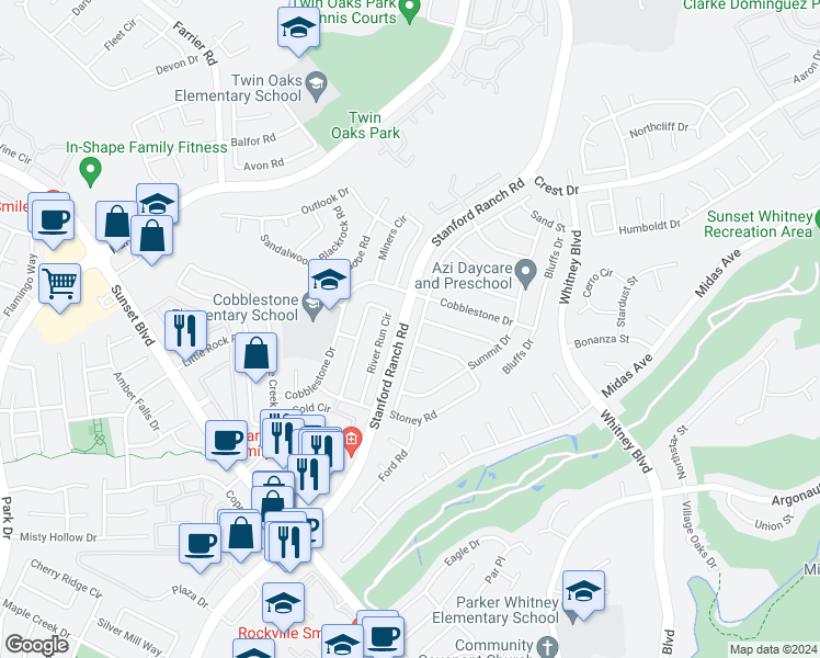 map of restaurants, bars, coffee shops, grocery stores, and more near 5724 Terrace Drive in Rocklin
