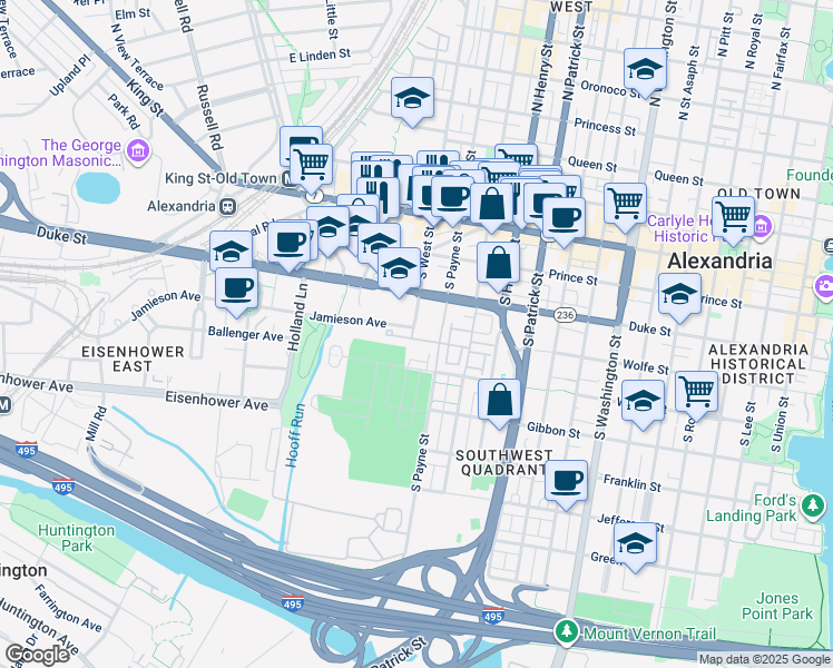 map of restaurants, bars, coffee shops, grocery stores, and more near 1405 Roundhouse Lane in Alexandria