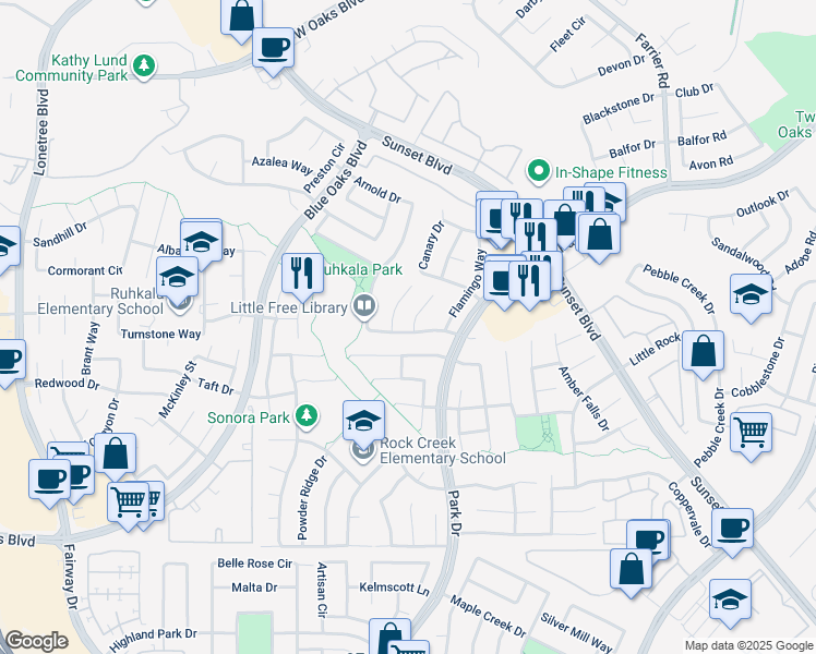 map of restaurants, bars, coffee shops, grocery stores, and more near 6301 Bluebill Court in Rocklin